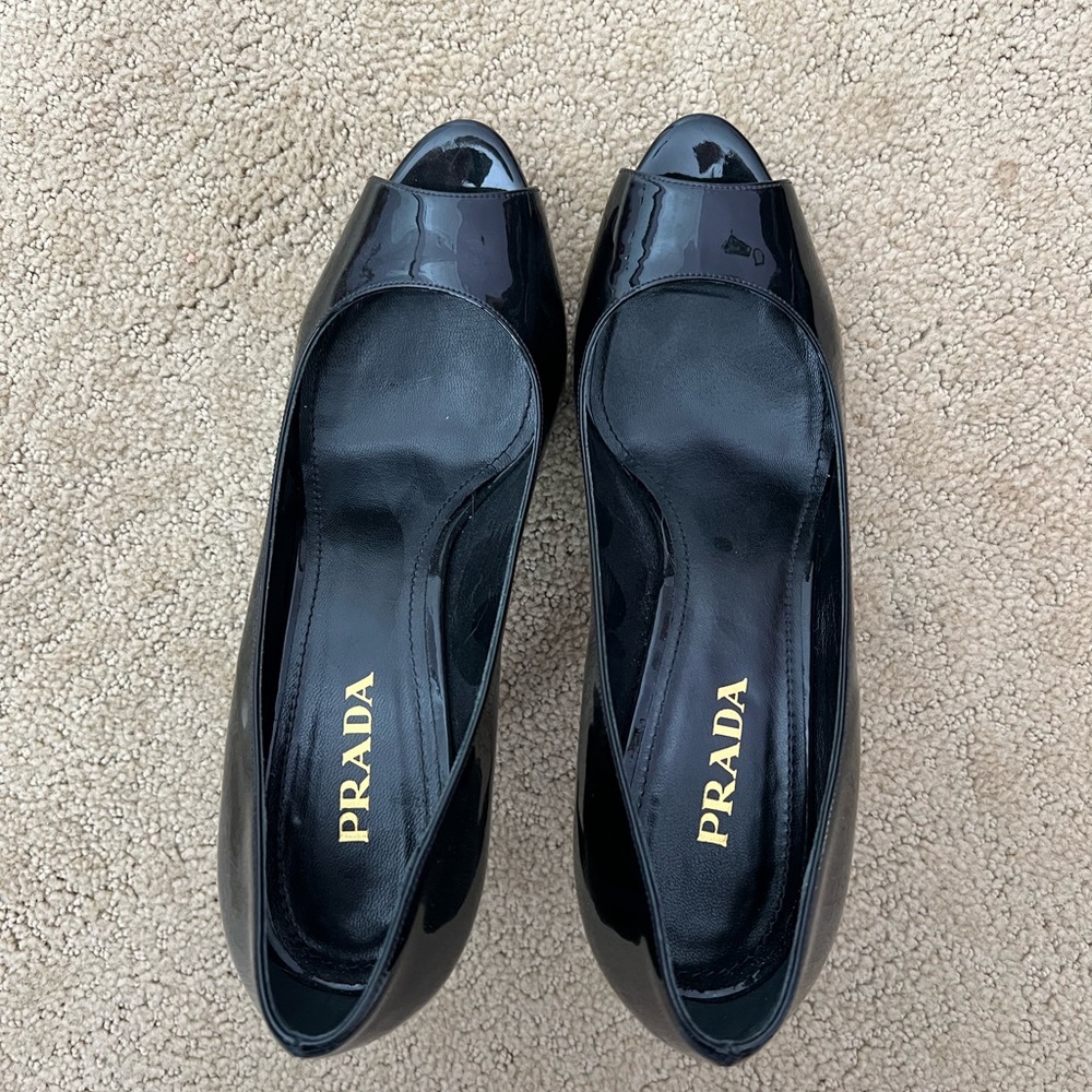 Prada patent leather peep Toe heel platform shoes